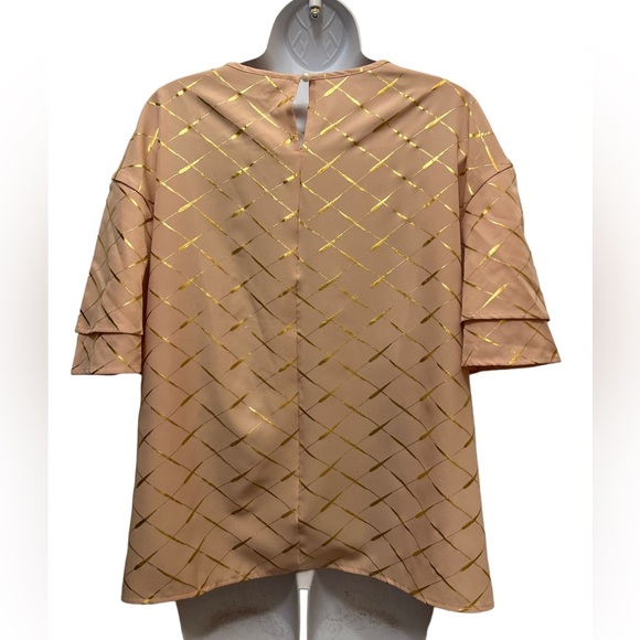 Peach and Gold Plaid Print Flare Sleeve Blouse - Picture 4 of 10